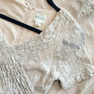REISS Gardena Champagne Nude Lace Ruched Short Sleeve Bodycon Dress Size 6